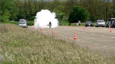 The rocket powered bike on a track