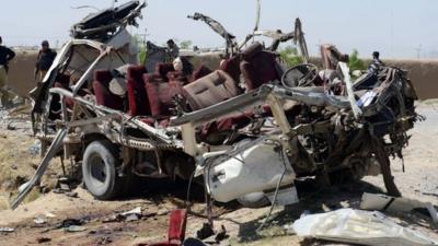 The wreckage of a Pakistani security forces vehicle following a bomb explosion in Quetta