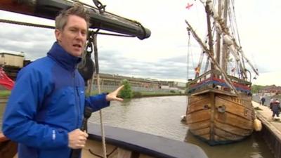 BBC reporter Steve Knibbs on board a tall ship