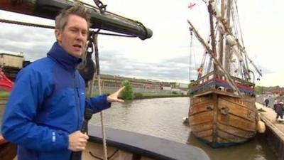 BBC reporter Steve Knibbs on board a tall ship