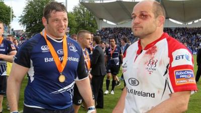 Rory Best shows the wounds of battle after the Pro12 final as his Ireland team-mate Mike Ross approaches him