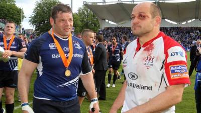 Rory Best shows the wounds of battle after the Pro12 final as his Ireland team-mate Mike Ross approaches him