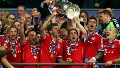 Bayern Munich celebrate winning the Champions League final at Wembley after beating Borussia Dortmund