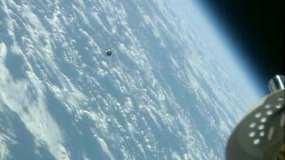 Soyuz rocket approaching International Space Station