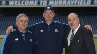 Vern Cotter (centre) with interim head coach Scott Johnson and chief executive Mark Dodson (right)