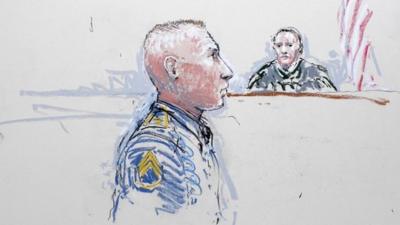 Army Staff Sergeant Robert Bales as he is arraigned on 16 counts of premeditated murder, six counts of attempted murder and seven of assault at Joint Base Lewis-McChord, 17 January 2013