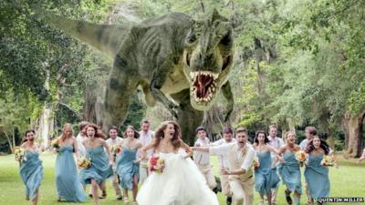 Katie Young and James Lowder, along with their wedding party, are pictured being chased by a T-rex