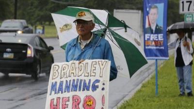 Protesters call for the release of US Army Private First Class Bradley Manning