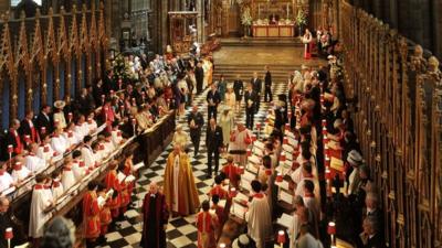 Queen and congregation in Westminster Abbey