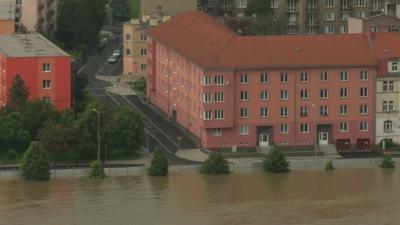 Metal barriers protect houses from flood waters in Usti nad Labem