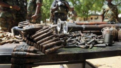 Arms and ammunitions recovered from Islamist insurgent during a clash with soldiers in the remote northeast town of Baga, Borno State