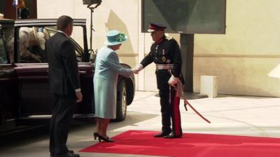 The Queen arriving at Broadcasting House