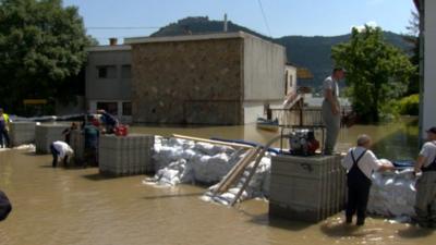 Sandbags and flood water