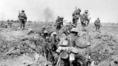 Allied troops leave a trench prior to the battle of Morval, WWI, 1916.