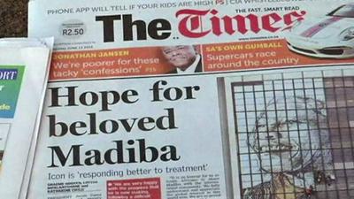 South African newspaper front page about Nelson Mandela