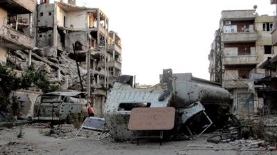 Damaged buildings the northern Syrian city of Aleppo