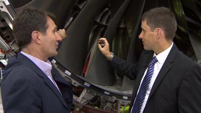 David Shukman with Rolls Royce's Chris Young and the XWB engine