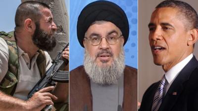 A Syrian rebel, Hassan Nasrallah and President Barack Obama