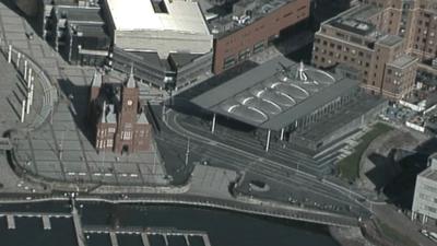 Aerial view of the Senedd in Cardiff Bay