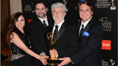 Athena Portillo, Dave Filoni, George Lucas and Cary Silver pose with the Outstanding Special Class Animated Program award for "Star Wars: The Clone Wars"