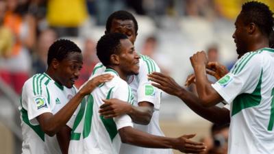 Nigeria celebrate their second goal against Tahiti
