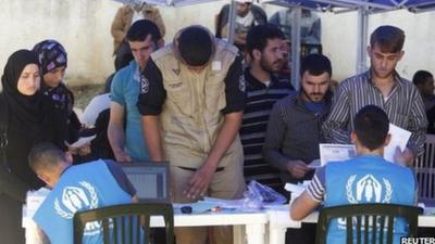 Syrian and Palestinian refugees register their names in order to receive humanitarian aid in Beirut