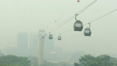 Cable cars in a haze of smog