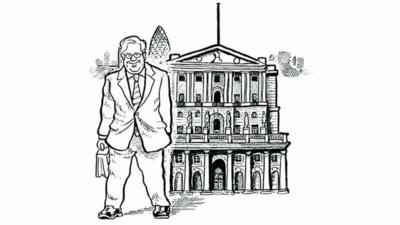 Cartoon of Sir Mervyn King outside the Bank of England