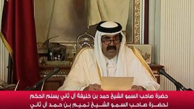 An image grab taken from Qatar TV shows Qatars Emir Sheikh Hamad bin Khalifa al-Thani delivering a televised speech in Doha