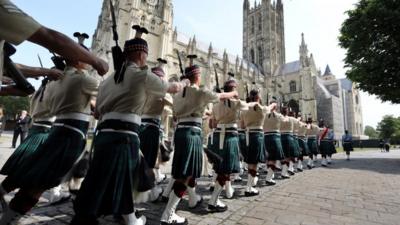 Soldiers marching past Canterbury Cathedral