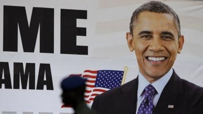 Banner welcoming President Barack Obama in Dakar, Senegal