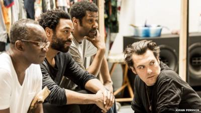 Joseph Mydell (Kala Lubu), Chiwetel Ejiofor (Lumumba), Brian Bovell (Okito) with director Joe Wright