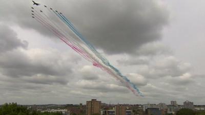 Red Arrows over skies of Nottinham