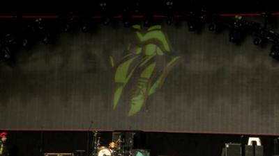 Rolling Stones logo projected on the back of the Pyramid Stage