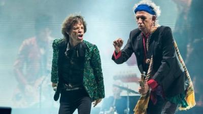 Sir Mick Jagger and Keith Richards of The Rolling Stones perform on the Pyramid Stage