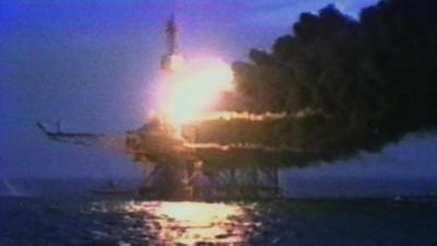 Archive picture of the Piper Alpha rig on fire