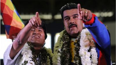 Bolivia's President Evo Morales and Venezuelan President Nicolas Maduro