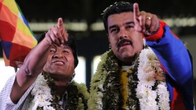 Bolivia's President Evo Morales and Venezuelan President Nicolas Maduro