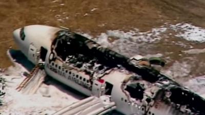 Aerial view of burnt-out interior of plane