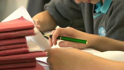 Pupil holds pen next to pile of school books