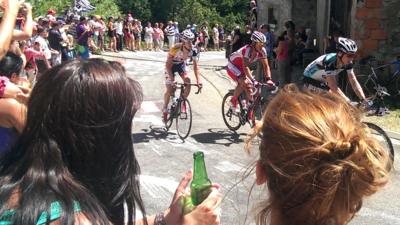 Fans cheer on riders in the Tour de France as the ride through Mijanes in the French Pyrenees