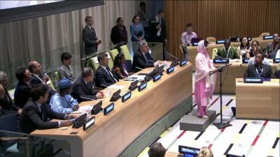 Malala Yousafzai addressing the UN