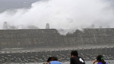 Wave crashing over a sea wall in Taiwan