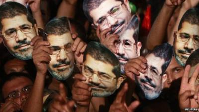 Protesters holding masks of Mohammed Morsi