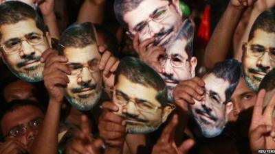 Protesters holding masks of Mohammed Morsi