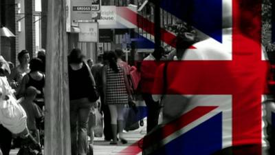 Street scene with graphic insert of Union Jack