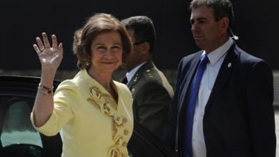 Spanish Queen Sofia waves her hand upon arrival for the inauguration ceremony of the Parador de Corias hotel in Cangas del Narcea, northern Spain