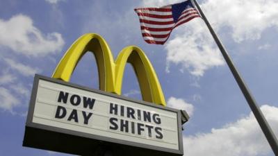 Sign advertising job openings outside a McDonald's restaurant in Chesterland, Ohio