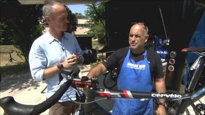 Matt Slater with cycling team Garmin-Sharp mechanic Geoff Brown