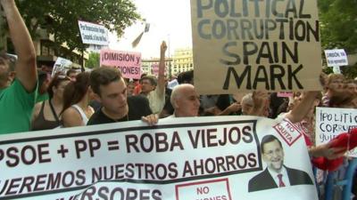 Protesters holding placards in Madrid